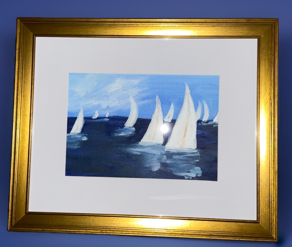Seascape Sailing Acrylic Painting On Canvas In Gold Frame. 10×12