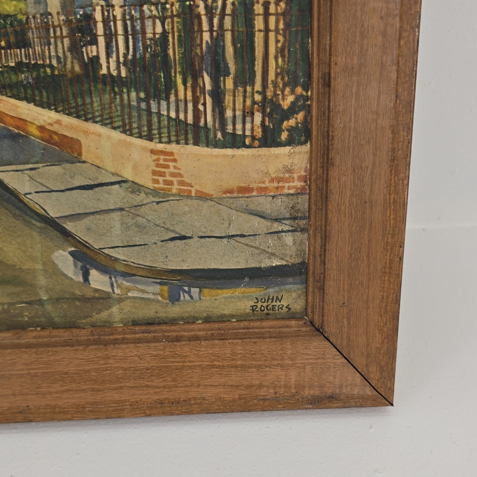 John Rogers Signed Framed Realism Cityscape Street Scene Painting w/ Church read