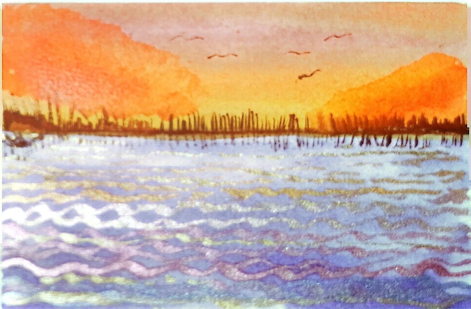 Lakescape At Sunset Original Impressionist Watercolor 5×7 Cotton Artist Signed
