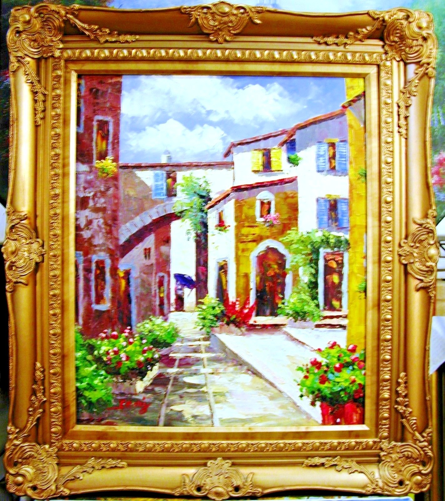 VENICE EUROPEAN VILLA HOUSE FLOWER POT 24″ STRETCHED OIL PAINTING DECOR ART S83