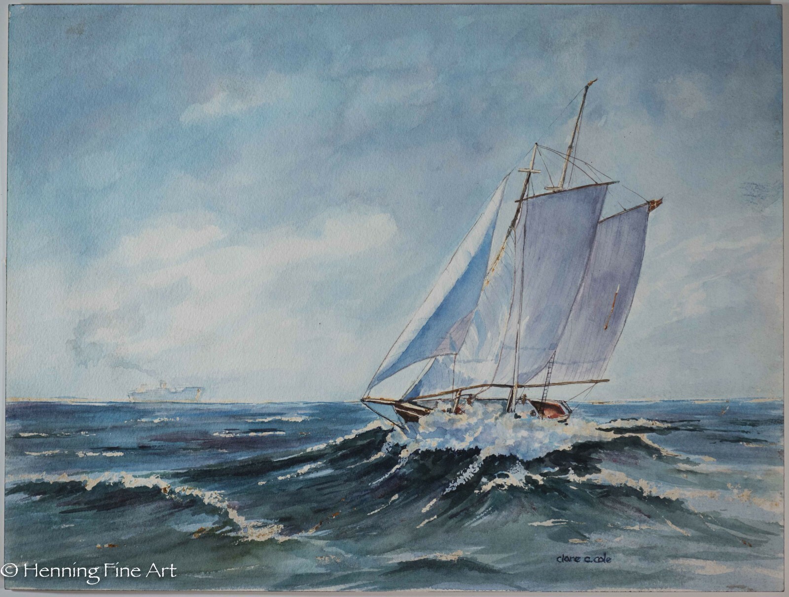 Beautiful Vintage Watercolor by Clare C. Cloe Ship at Sea with Ocean Liner, Nice