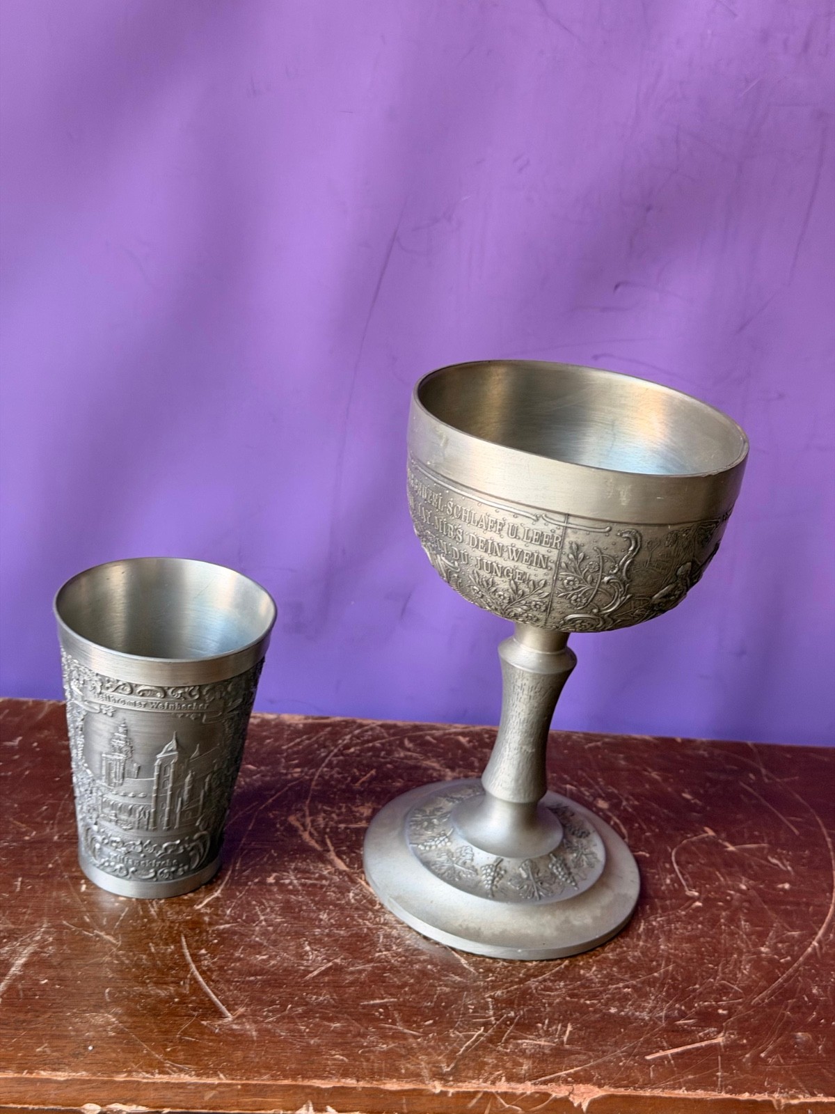 Vintage German Pewter Goblet Beaker Set Heilbronn Zinn Drinkware