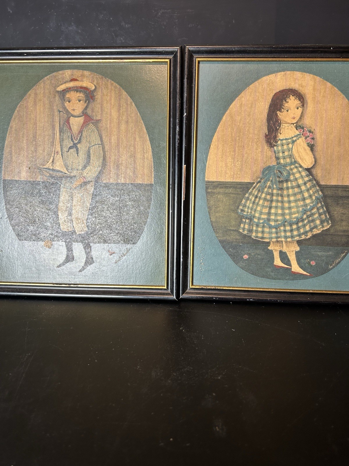 2 PCs VTG MCM Masonite Boy Girl Folk Wall Art Frame Carol Blanchard Print