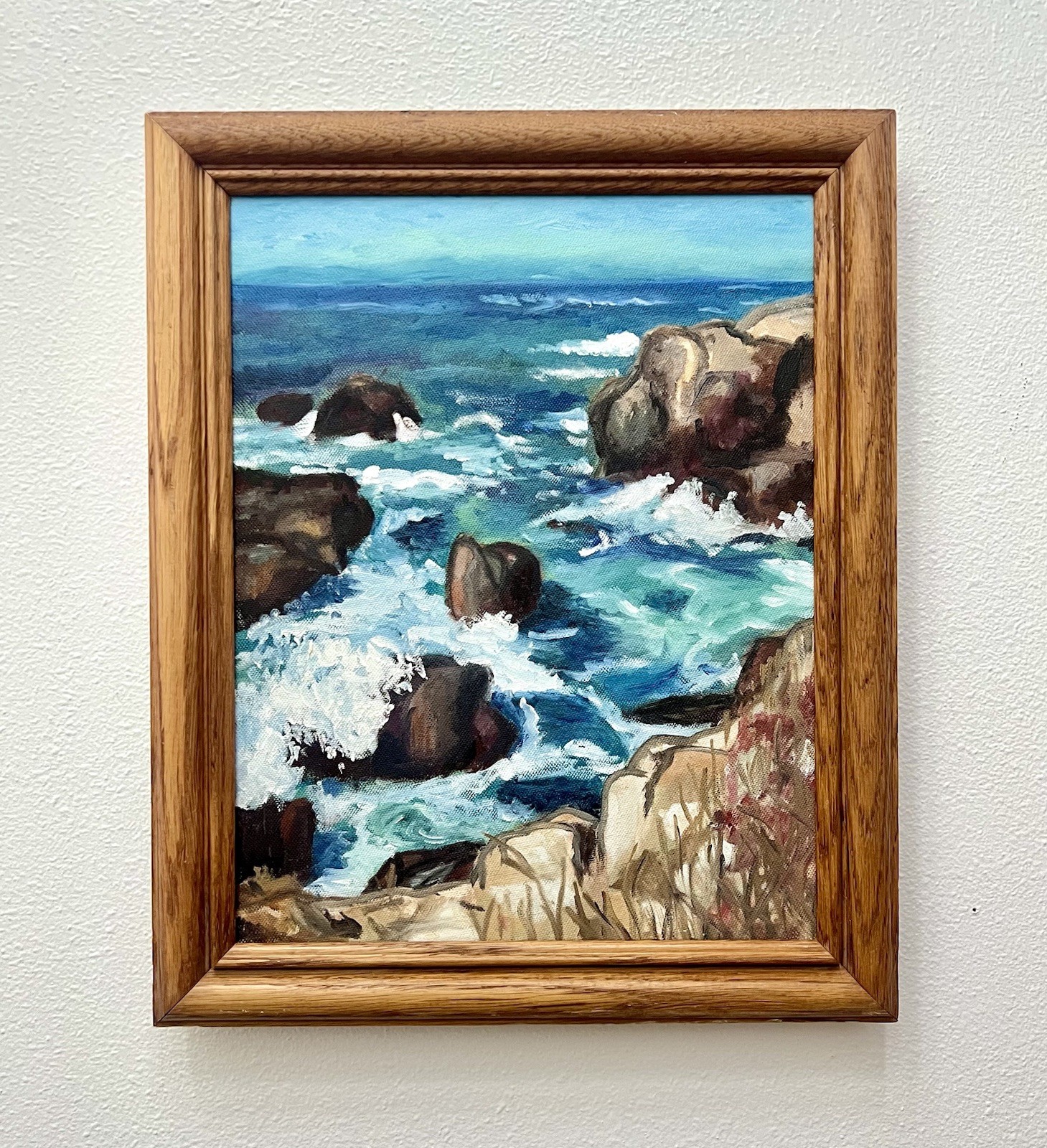 Vintage Coastal Oil Painting Ocean Waves Seascape Surf Oak Frame 14×11