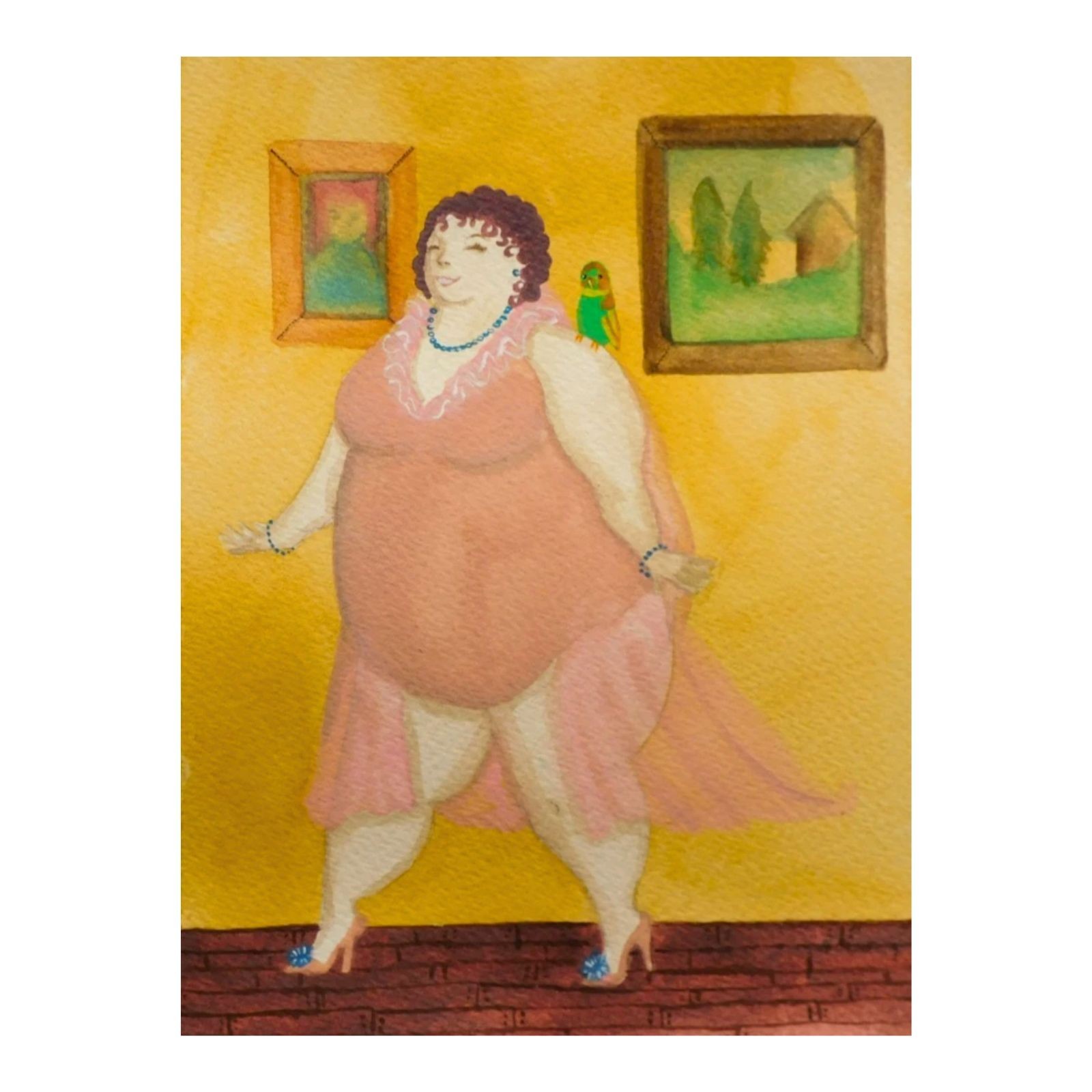 Night Lady Bird Parrot at Home Original Naive Folk Outsider Art 5.5×7.5 Potocki