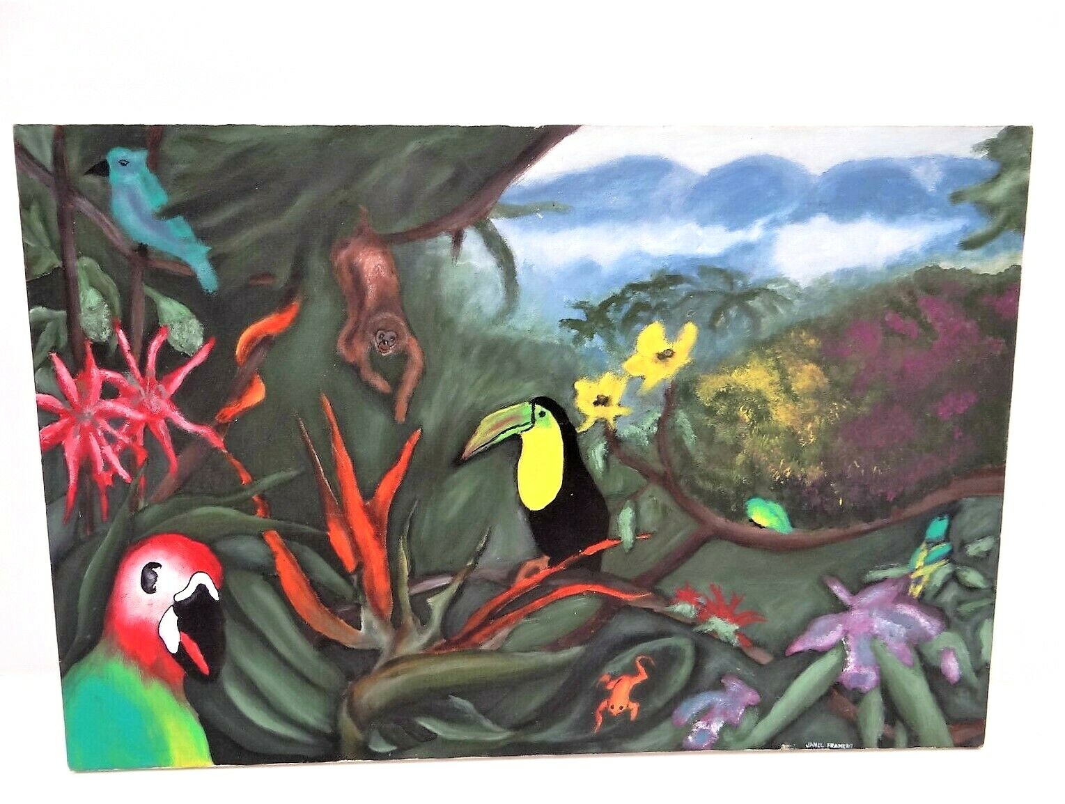 Vintage Signed Janel Frament Toucan Monkey Parrot Oil Painting on Canvas Art