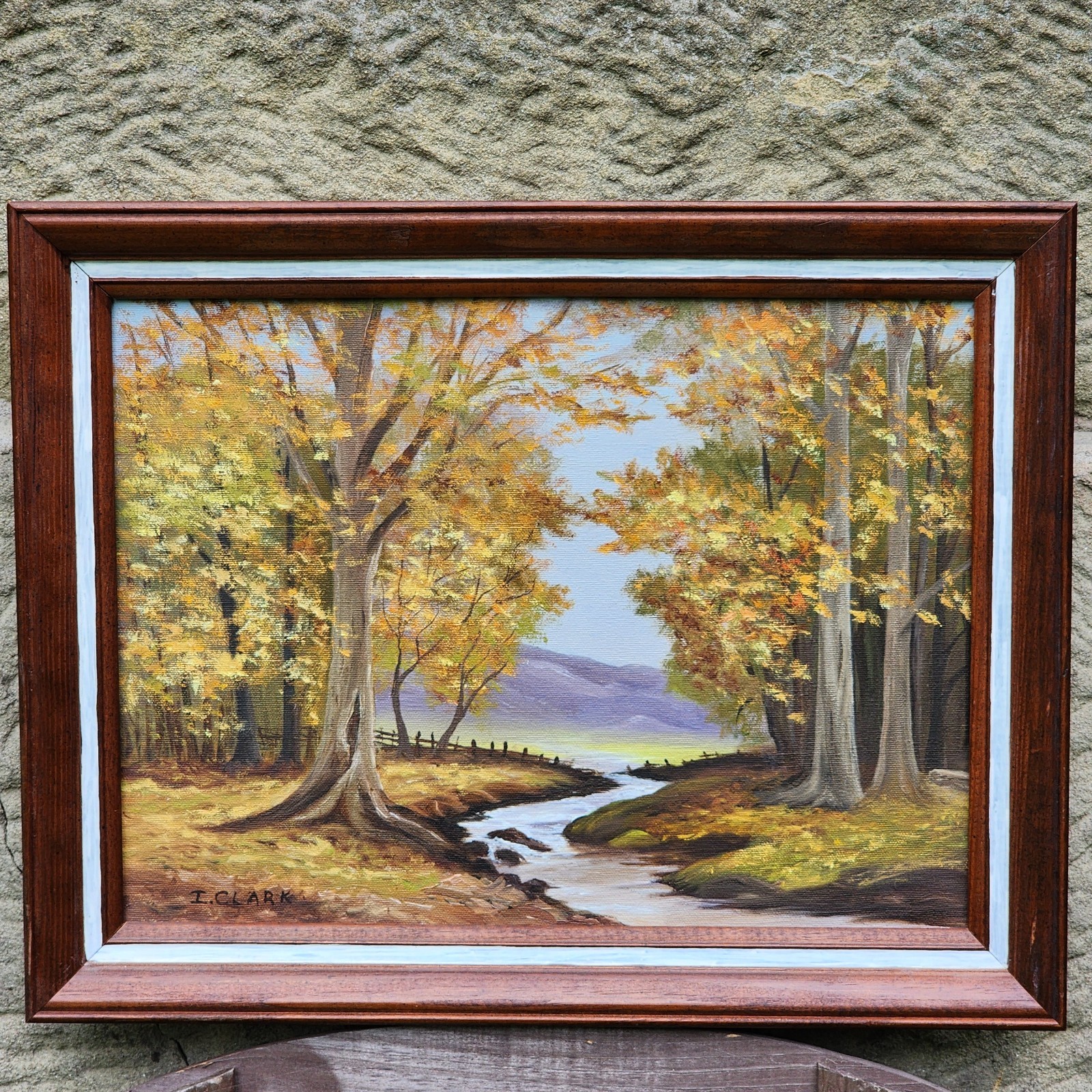 Vtg Acrylic on Canvas Painting Landscape Framed Artist Signed Trees Water Creek
