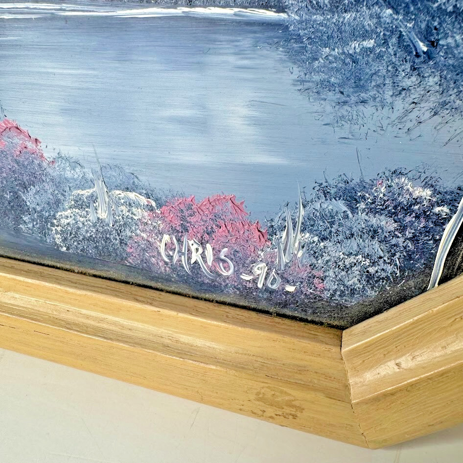 Vintage Original Landscape With Windmill/Trees/ Pond Painted on Mirror Singed