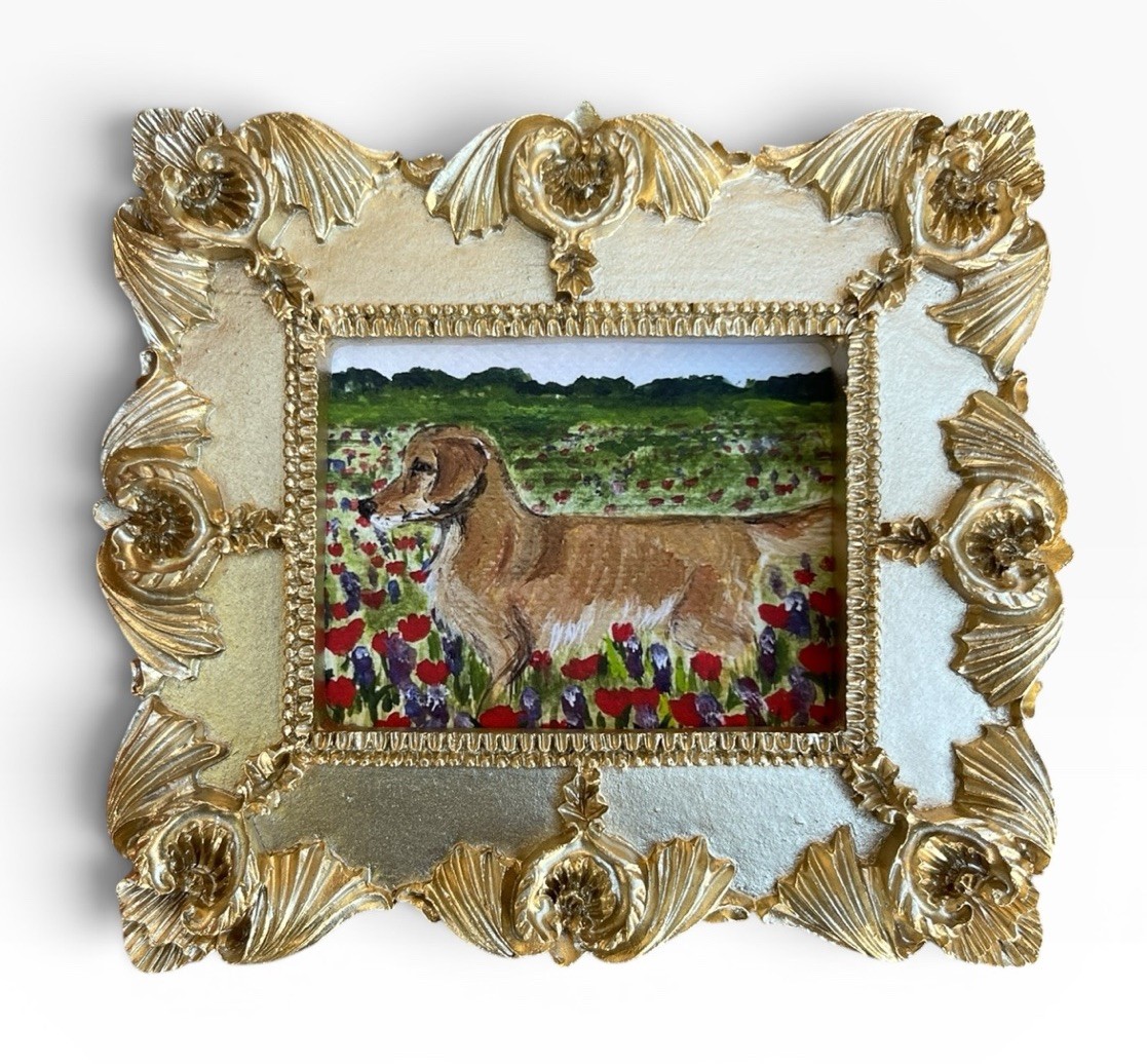 Red Poppy Landscape Golden Retriever mini watercolor print in gold ornate frame
