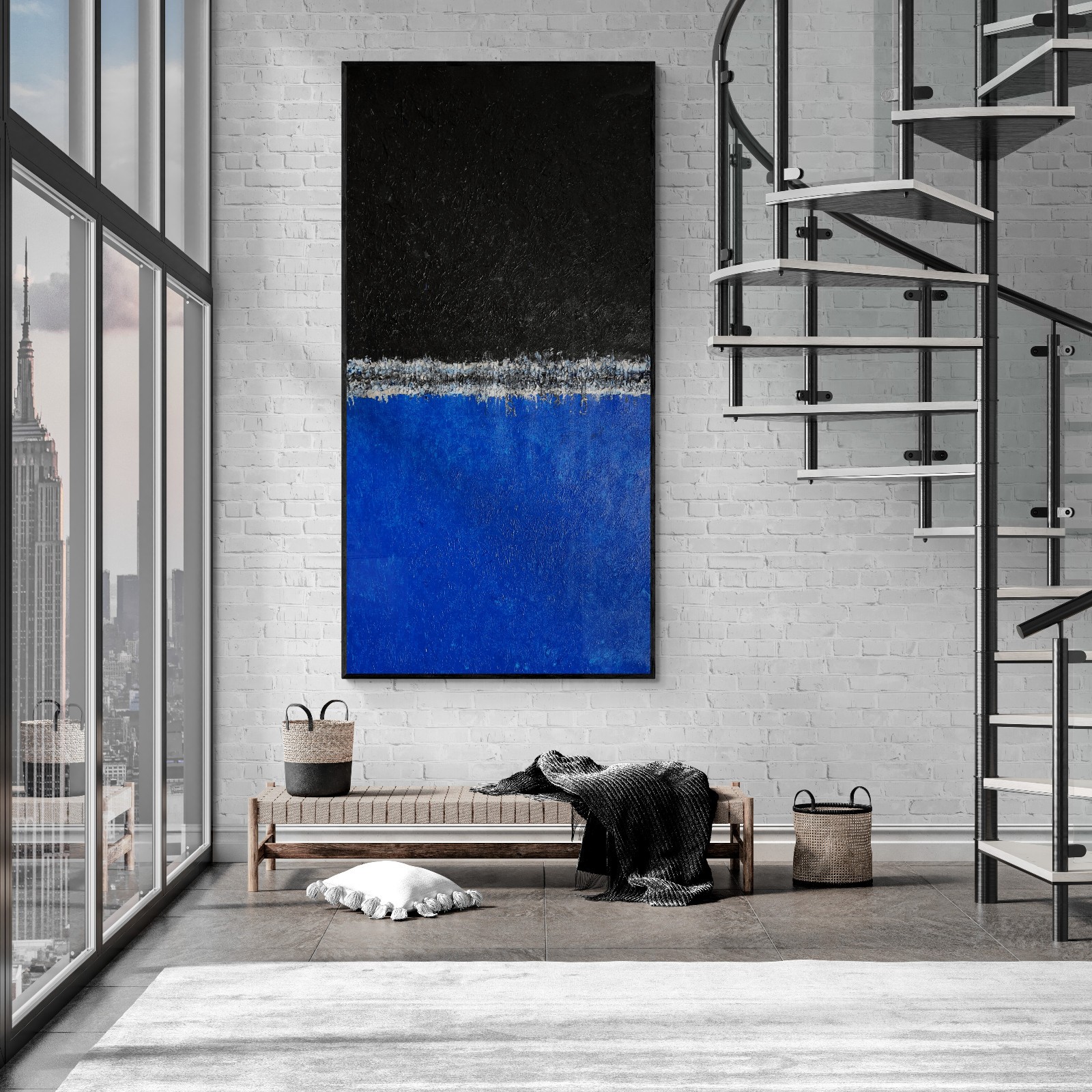 XXL Rothko Style Blue & Black Color Field Abstract Art Painting 59×30 in