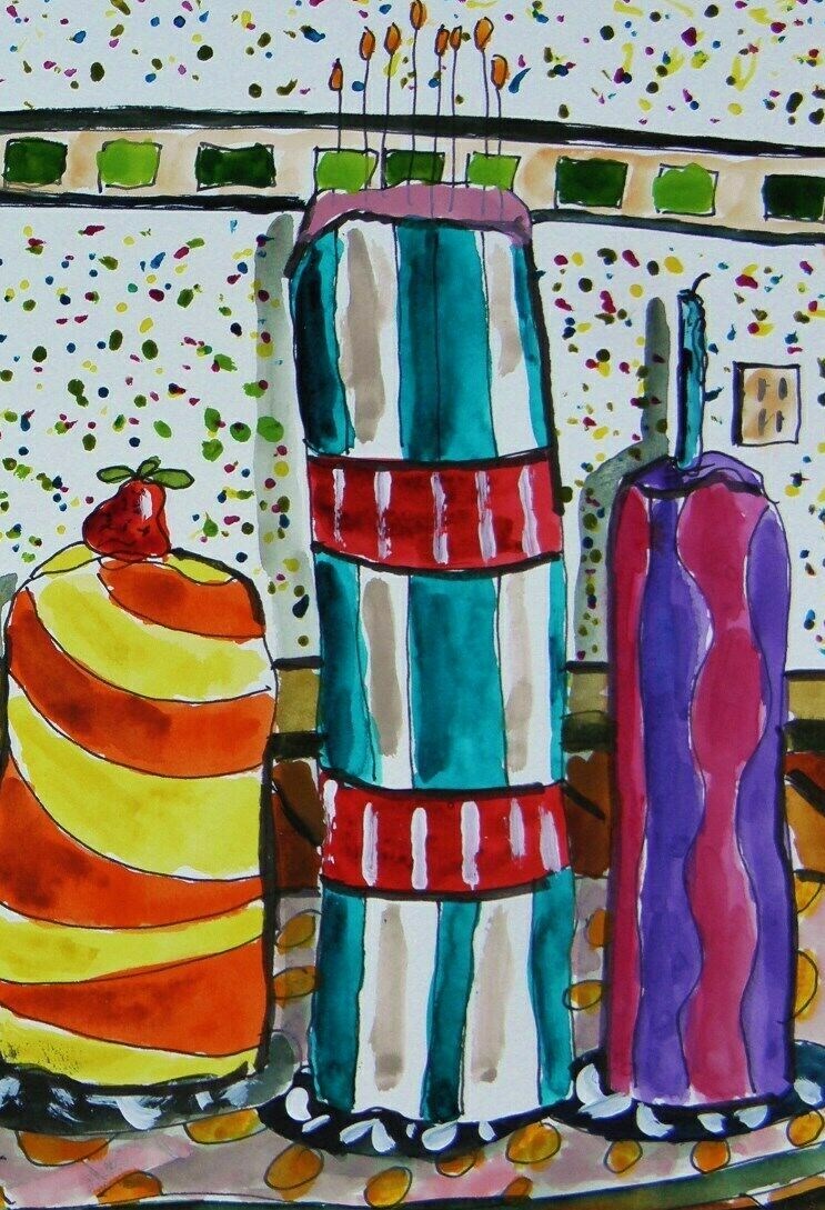 Original Bakery Sketch Cakes Food Watercolor Impressionism