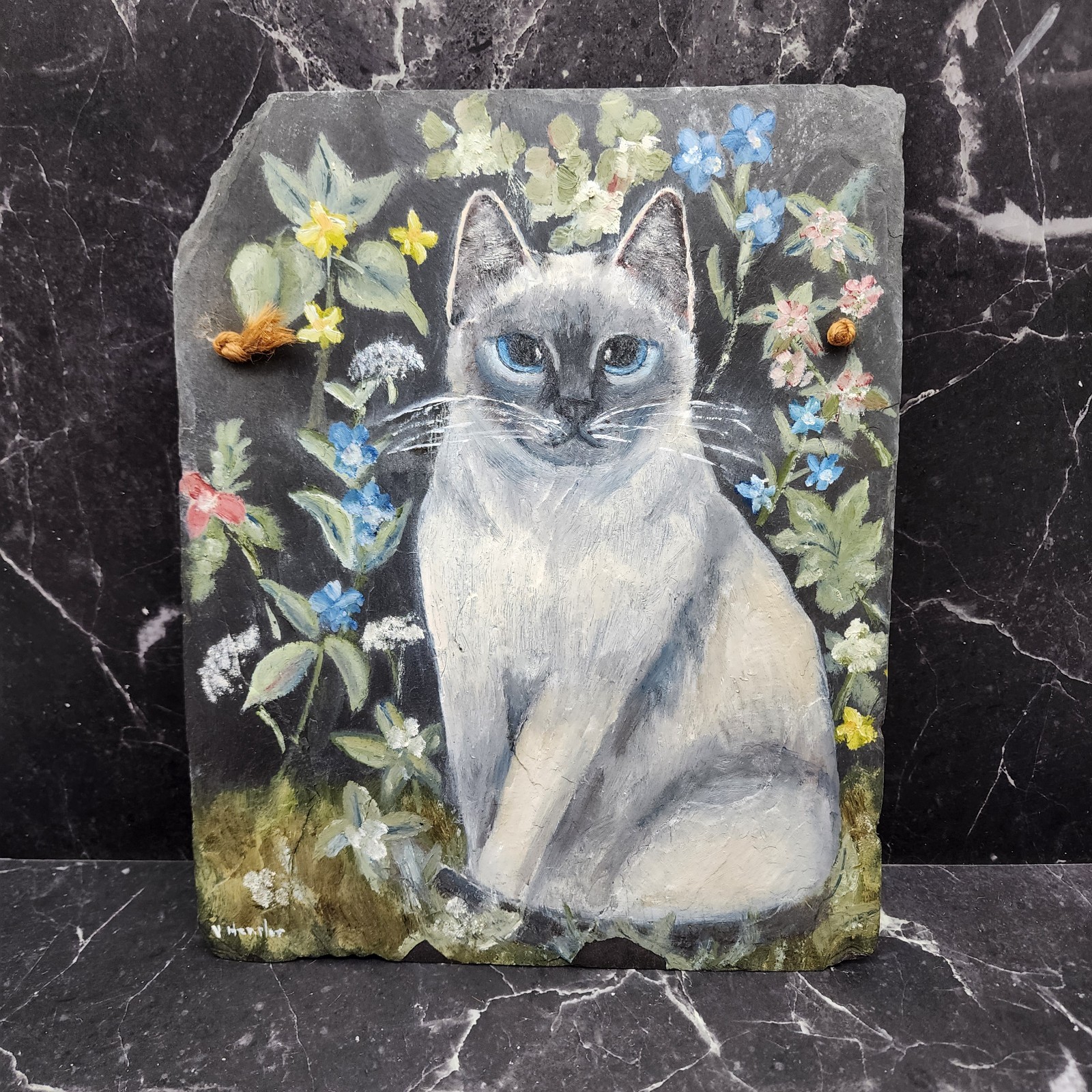 Siamese Cat Painting On Slate Blue Eyes **RARE And SIGNED**