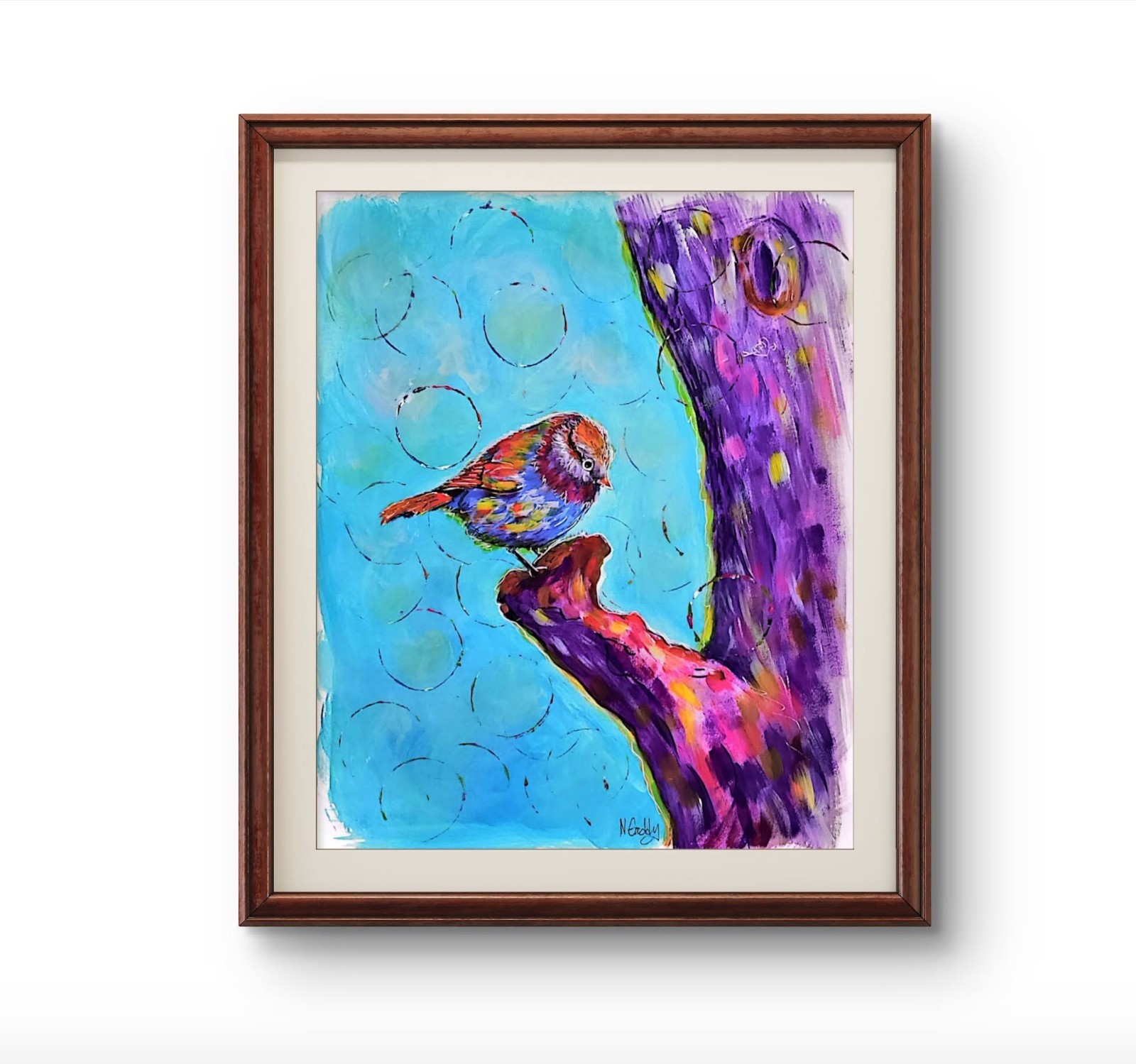 Original Expressionist 11 x 14 Colorful Bird in Tree Paper Painting