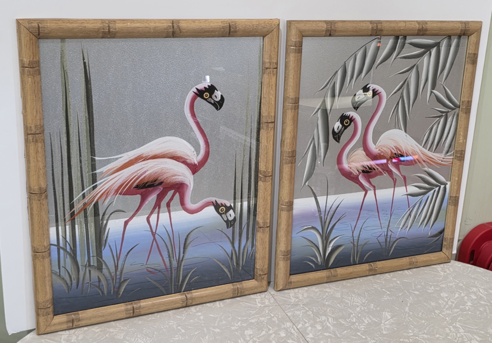 (x2) 1950s MCM Flamingos Original Silver Board Paintings Pair Bamboo Frames…