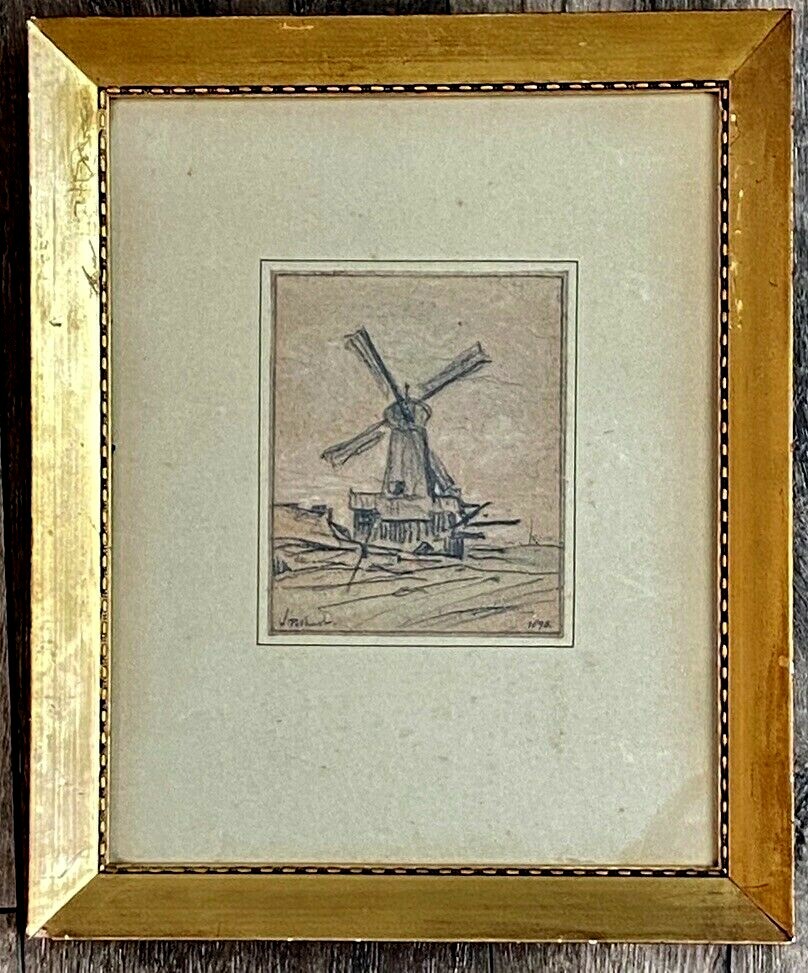 WILLEM POTHAST Antique Signed Original Drawing Windmill Netherlands Dutch 19th C