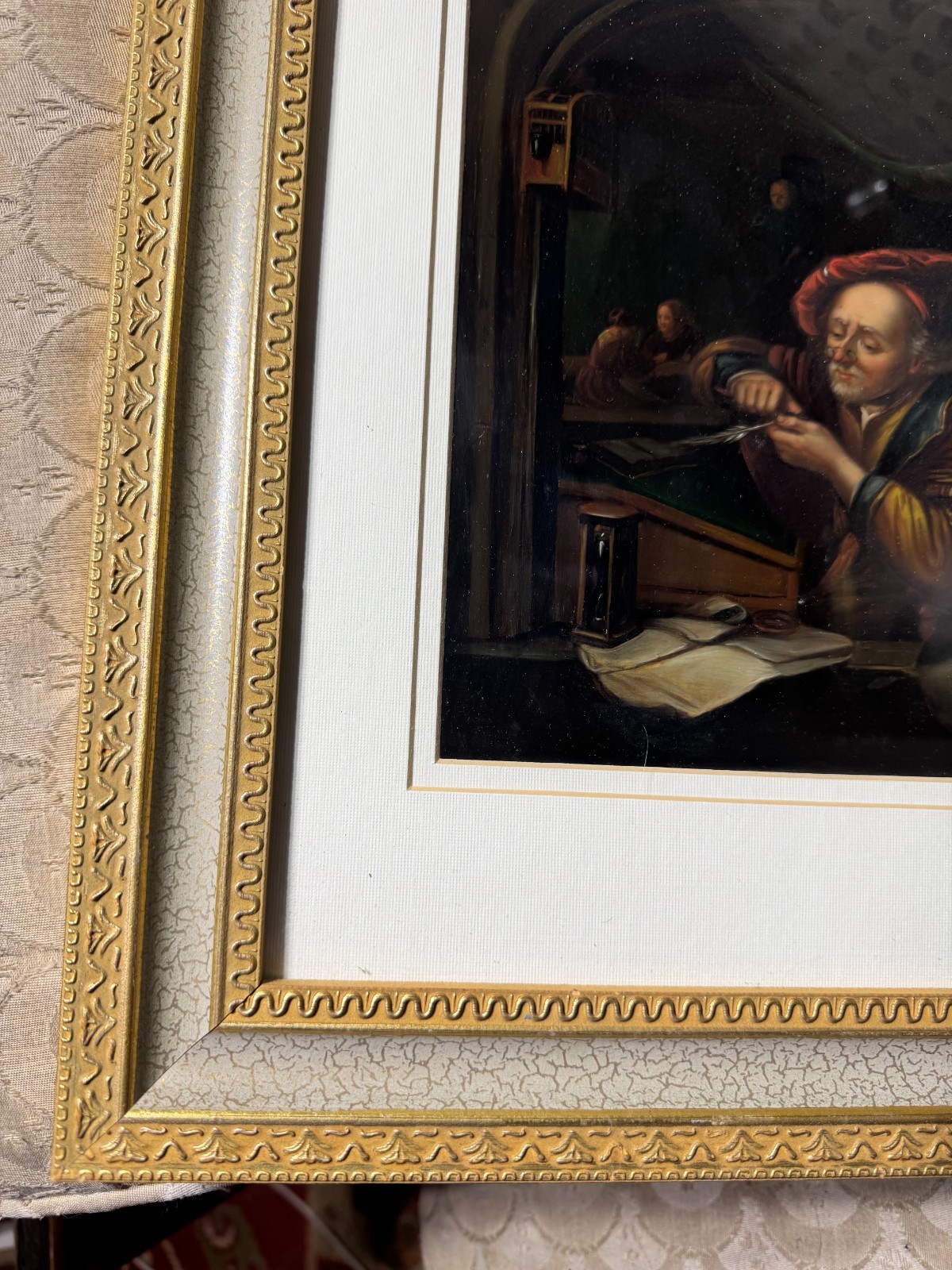 Stunning Antique «Man Sharpening Quill Pen» Oil On Metal Painting – Framed
