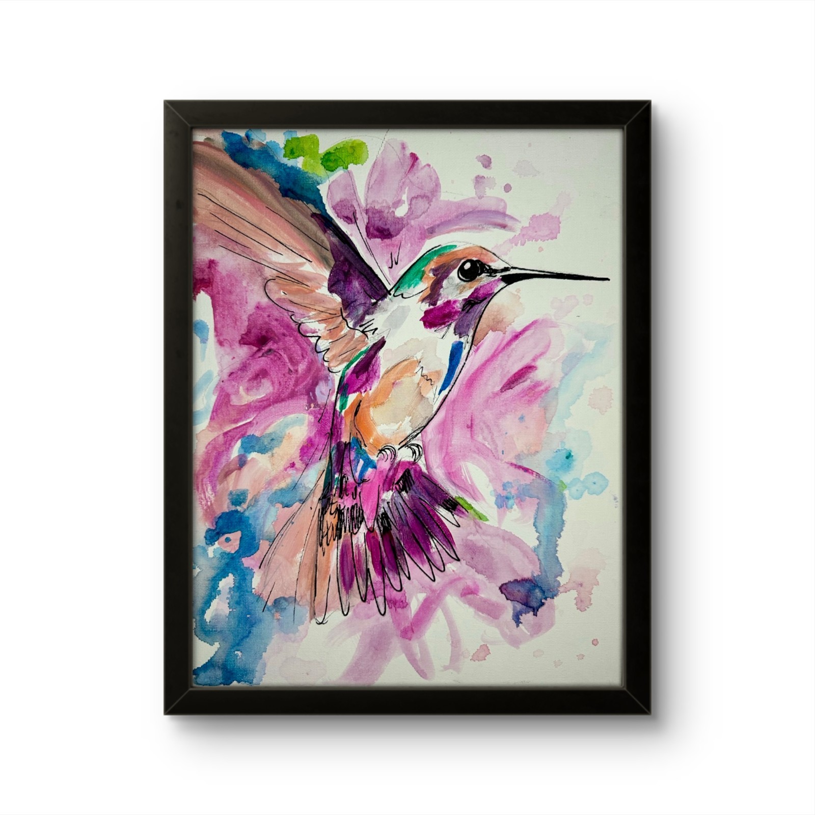 Hummingbird Painting Floral Bird Pinks 11×14 Original Garden Decor Modern Home