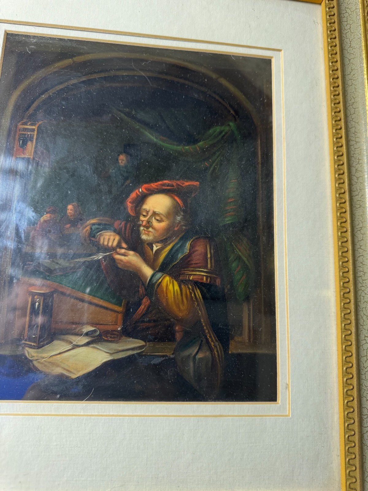 Stunning Antique «Man Sharpening Quill Pen» Oil On Metal Painting – Framed