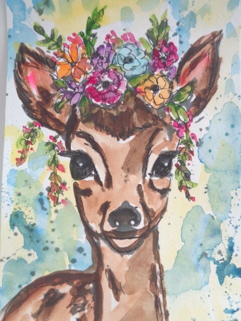 Original WILDLIFE DOE FAWN DEER Watercolor Painting COLLECTIBLE WALL ART