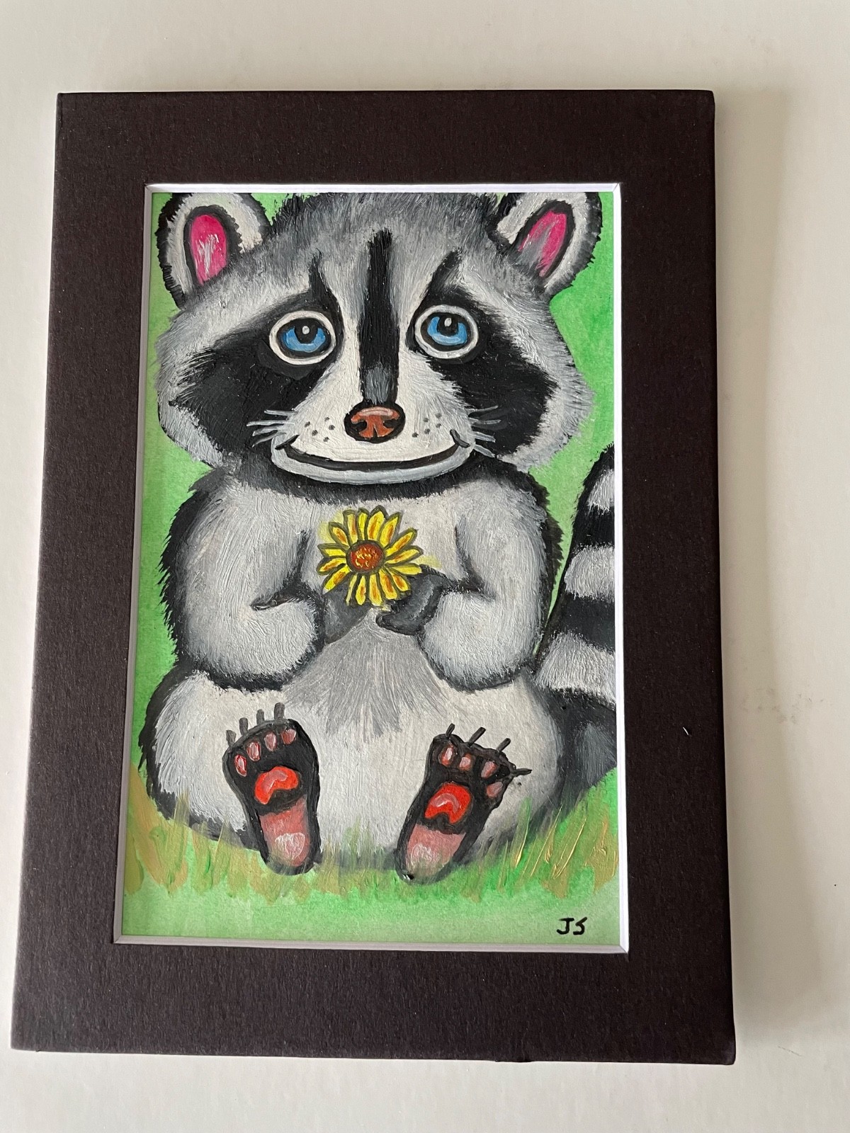 Original oil painting 5 x 7 in including black matte-Free Shipping-raccoon