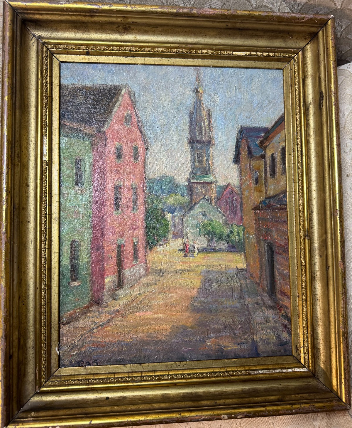 Richard A Schmueckle (1903 – 1988) «Village Street Scene»- Oil Painting – Framed