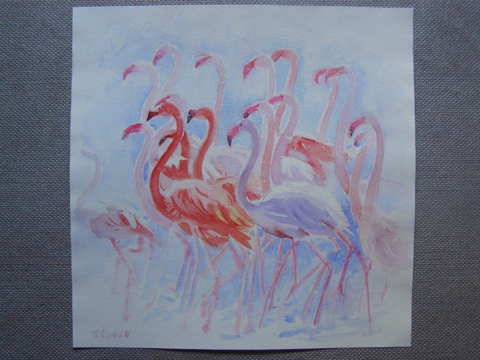FLAMINGO Birds Original Watercolor Acrylic Painting Art By Artist
