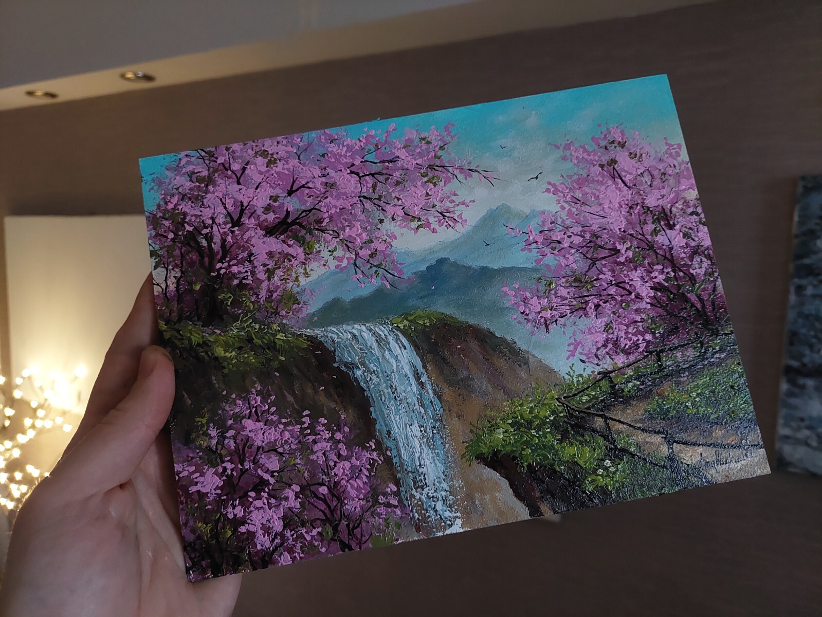 Waterfall near cherry blossoms high quality oil painting, pink sakura flower art
