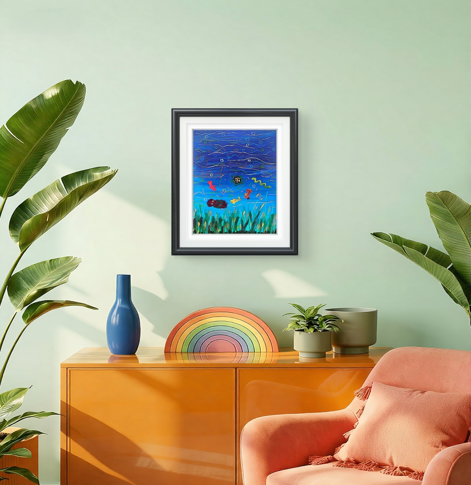 Koi Turtle Pond Acrylic Painting Whimsical Lake Art Original 8×10
