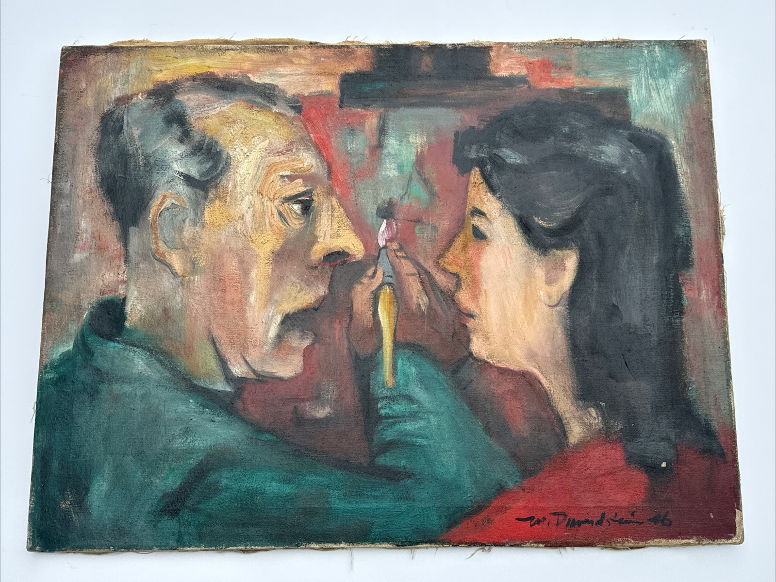 MID CENTURY PAINTING LISTED SELF PORTRAIT MORTON DIAMONDSTEIN LARGE OIL ANTIQUE