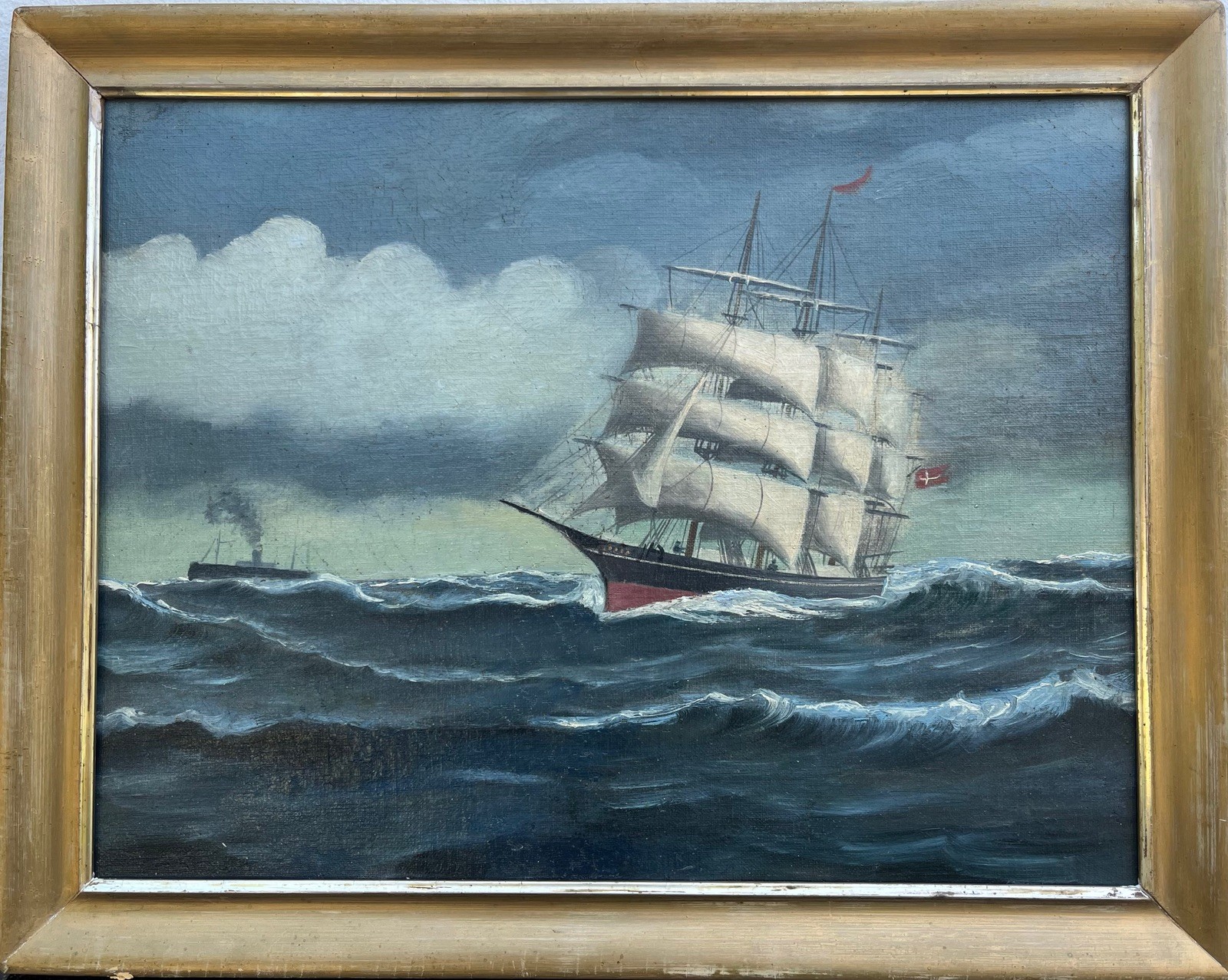 Oil Painting Seascape Of Sailing Ship And Steamboat In Rough Seas, Framed