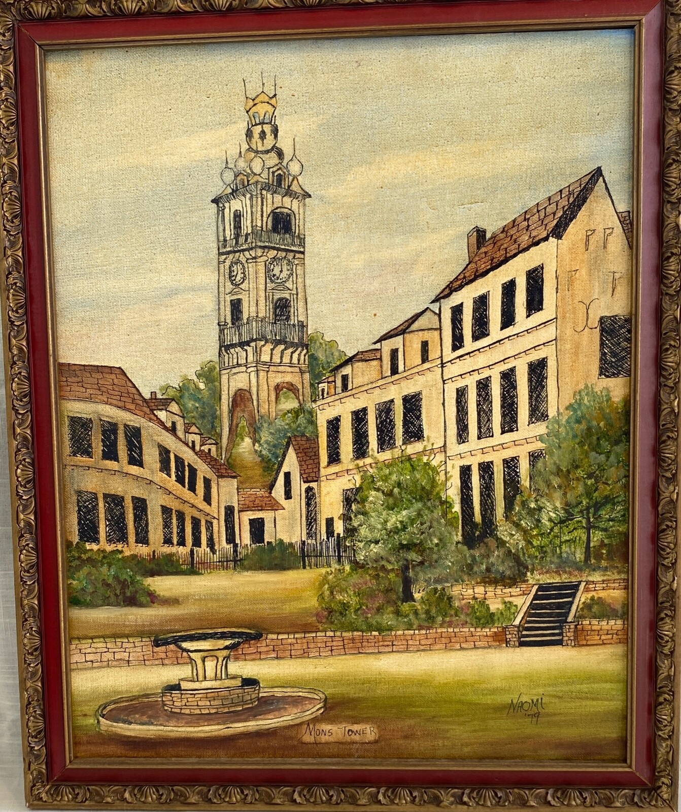 Vintage Architectural Oil Painting on Board, Signed Naomi ’79, Framed 18″ x 22″