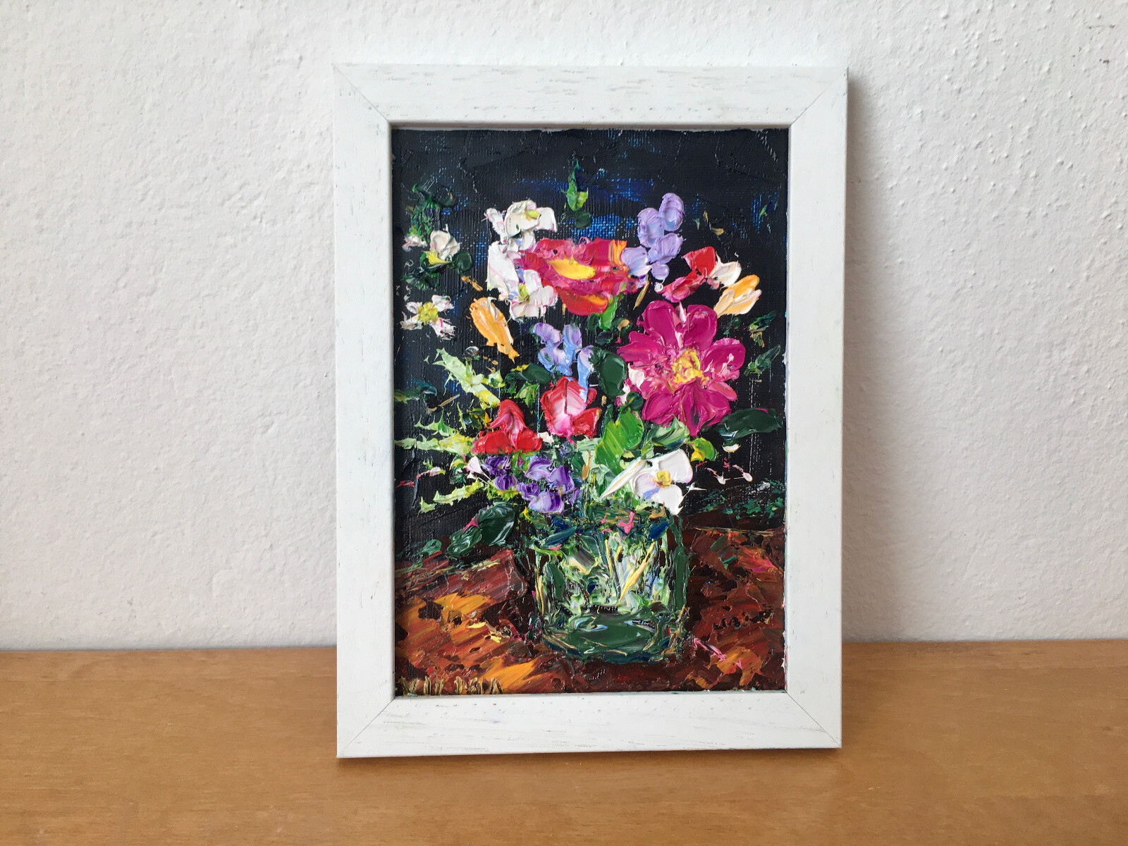 Bright Flowers Bouquet Oil Painting On Cardboard Flowers In The Vase Artwork