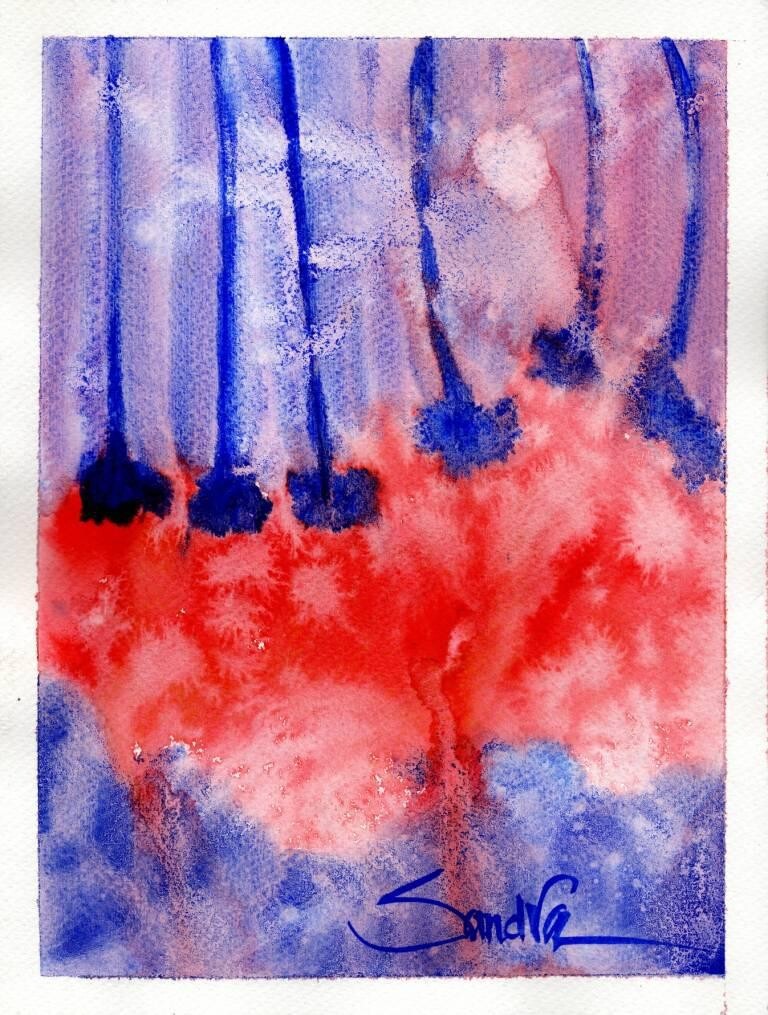 Abstract Forest Vibrant Red and Blue Contemporary Watercolor ORIGINAL PAINTING