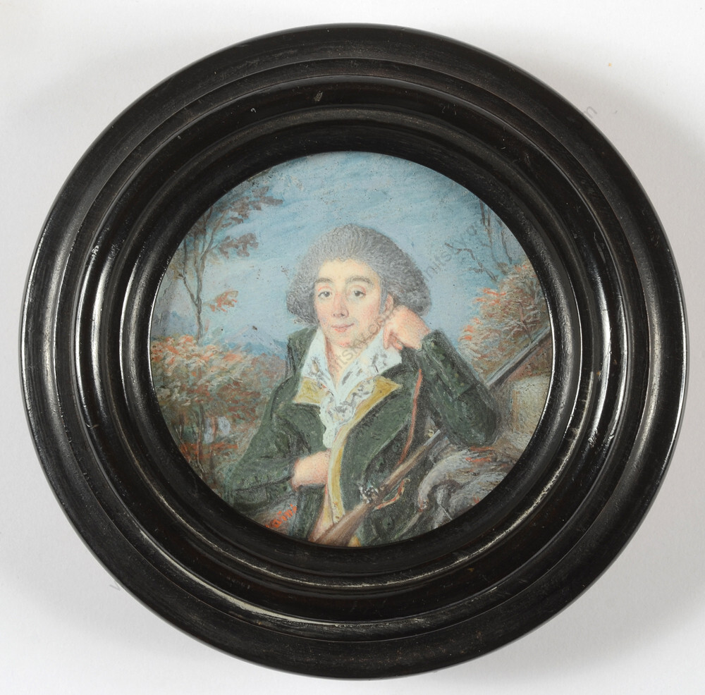 Quaini «Portrait of a young hunter», fine miniature, ca. 1790