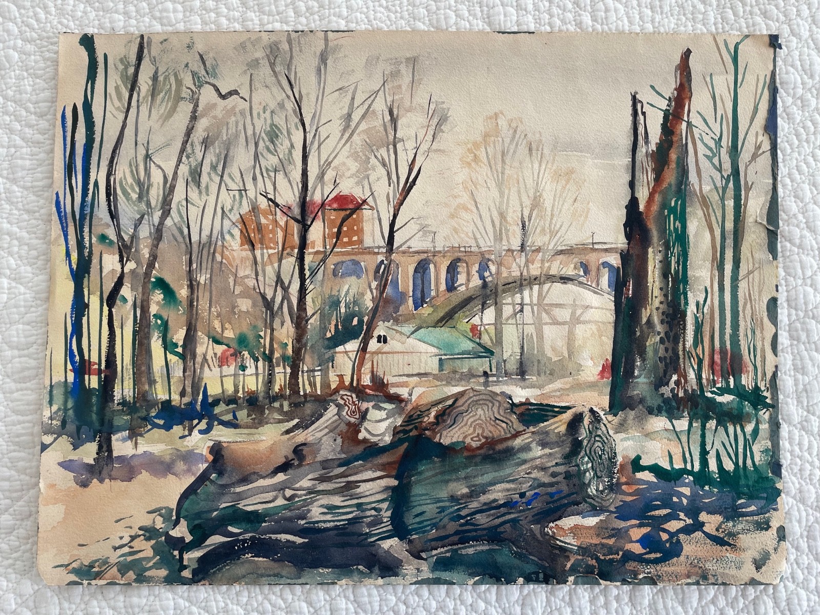 Vintage HAND PAINTED ART Bridge Trees Buildings Cleveland OH Bill Tiell