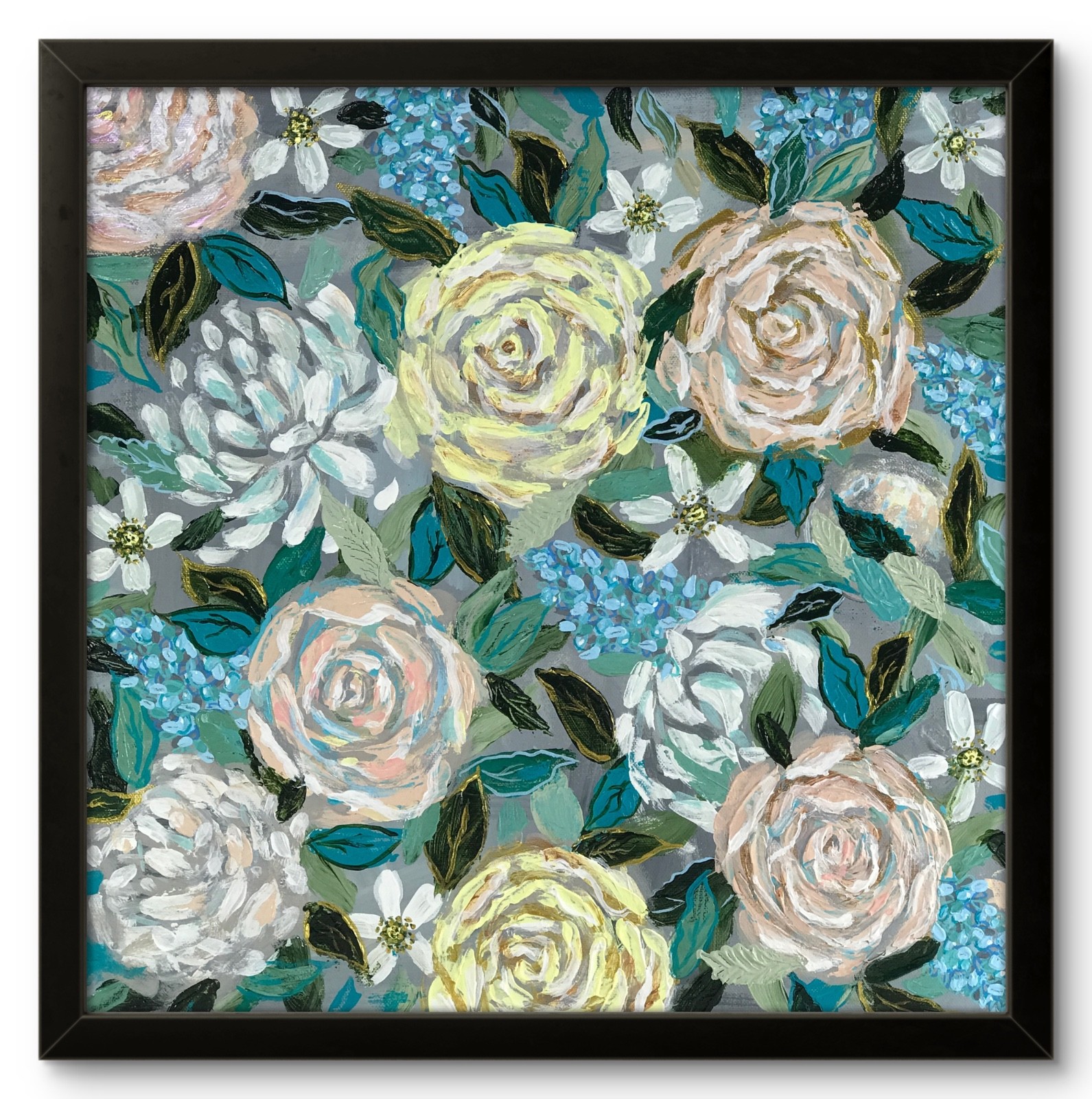 Original Floral Pattern Painting 12×12 Botanical Wall Art Teal Decor CP 4