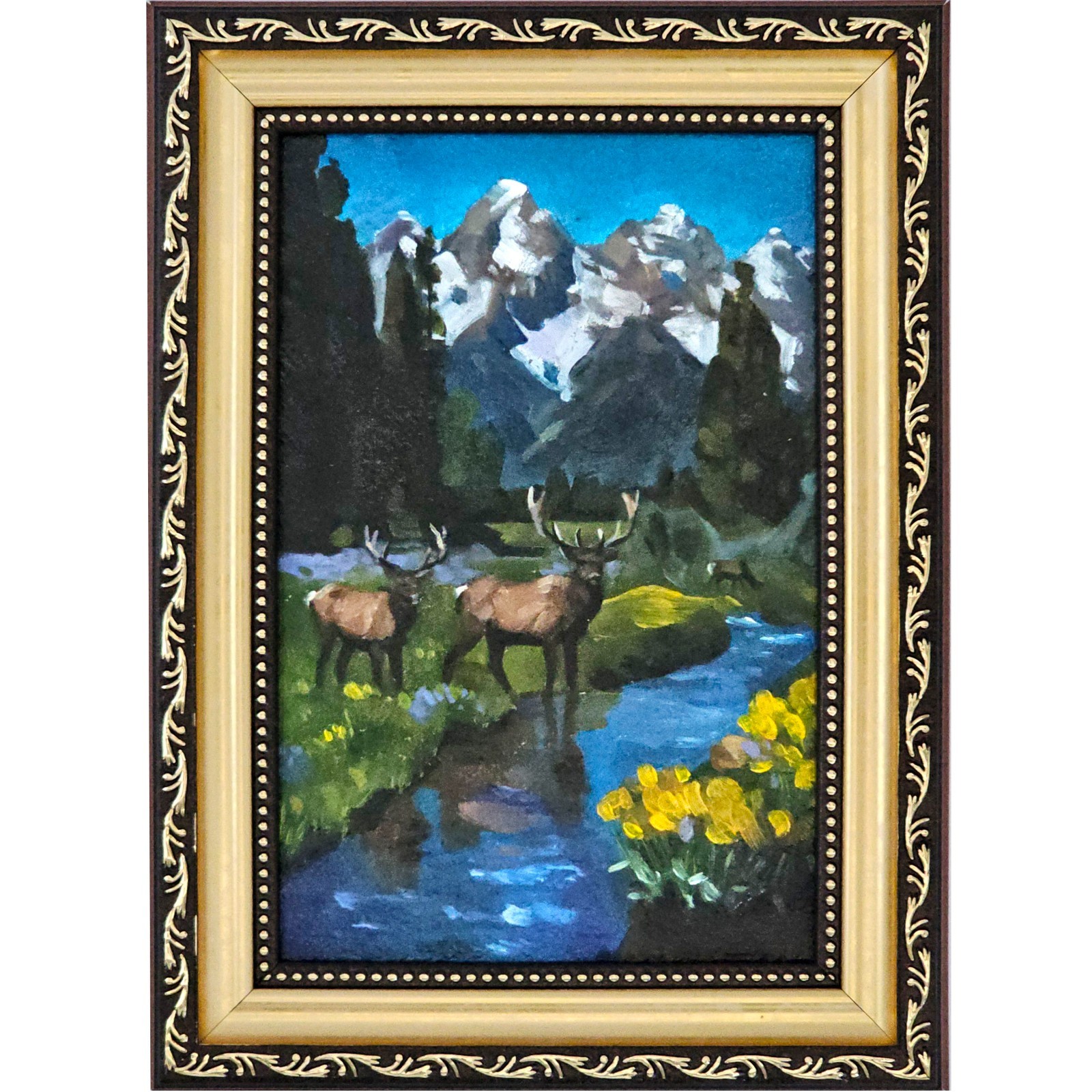 Original Oil Painting Deer Mountain Landscape Wildlife Nature Art 4×6 Unframed
