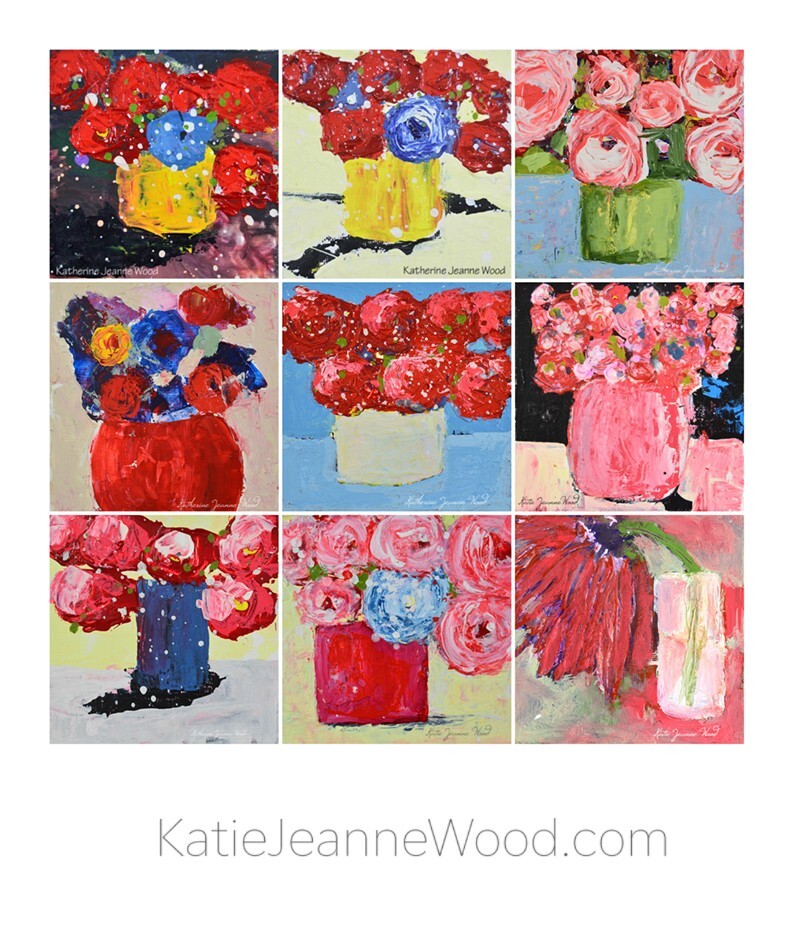 Blue Abstract Flower Painting 4×4 Mini Original Floral Palette Knife Art
