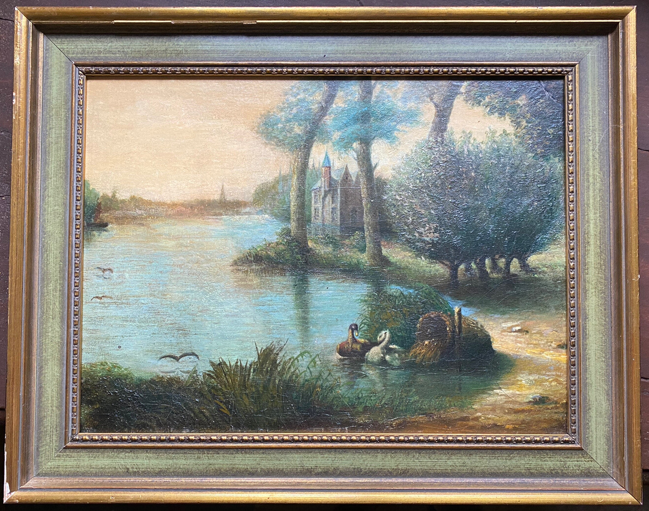 OIL PAINTING 18/19 CENT. DUCKS ON THE SHORE CASTLE TOWN AT BRIDGE ANTIQUE