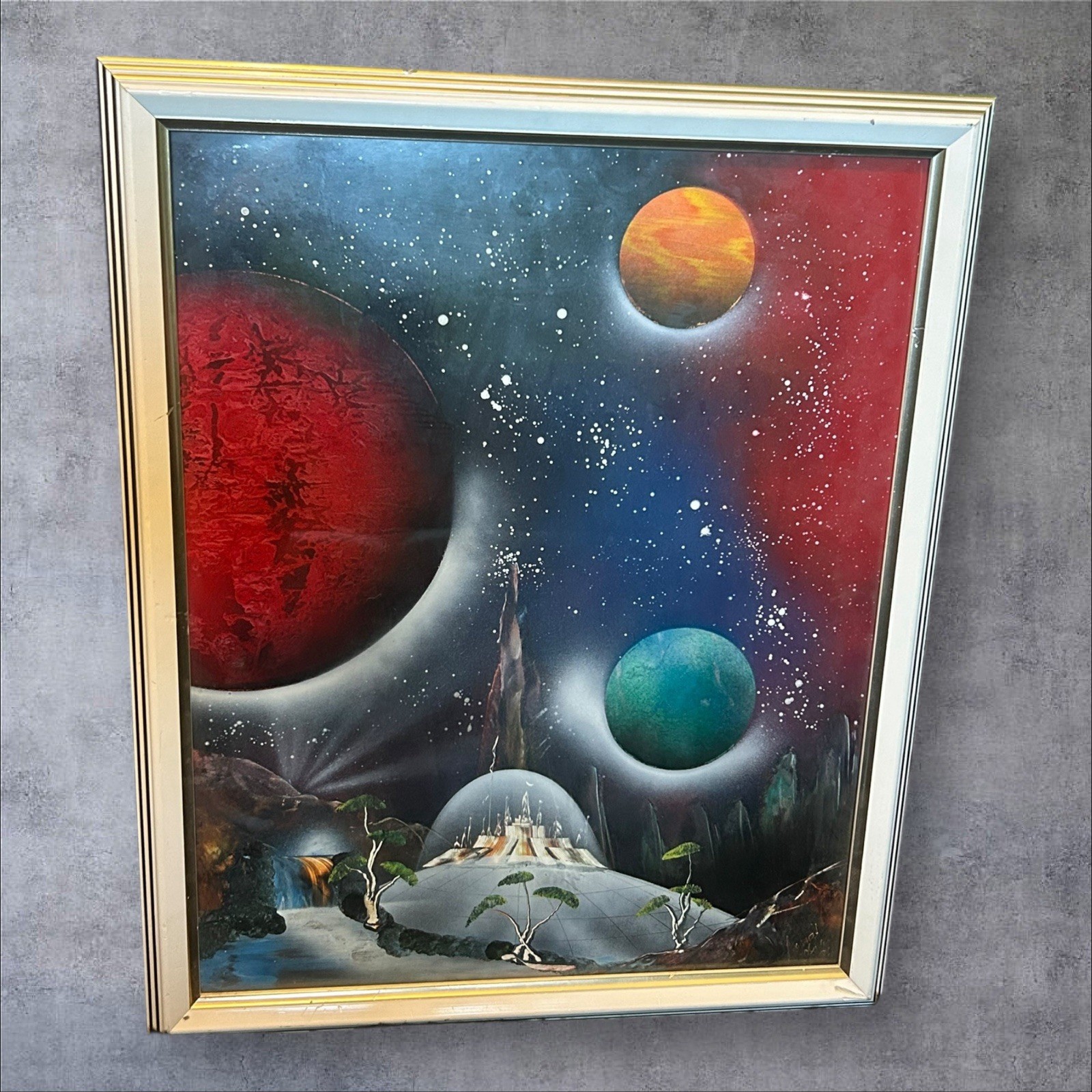 Original Signed 1996 Spray Paint Space Art – Framed SciFi Surreal Painting 18×22