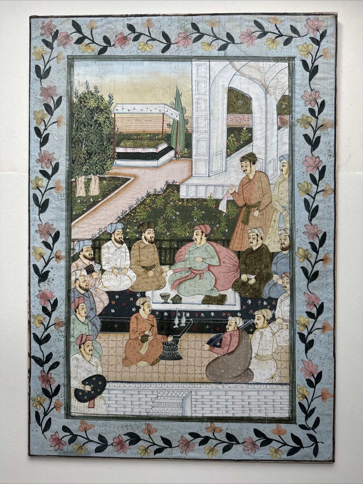 Vintage Persian Painting Courtyard Flower Border On Silk 19.5 X 13.5 Inches