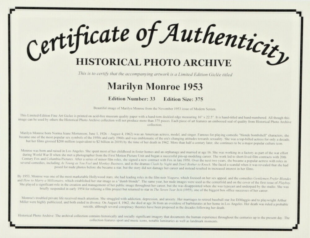 MARILYN MONROE LIMITED EDITION 16″ x 22″ FINE ART GICLEE ON PAPER, PHOTO ARCHIVE