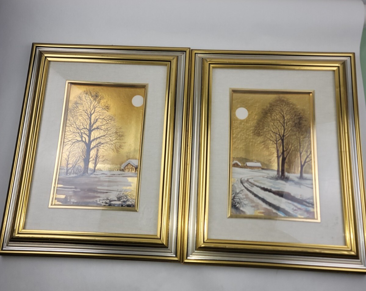 Foglia Oro Gold Foil Painting Lithograph? Winter Moon Set Of 2 16.5″×13″ Great