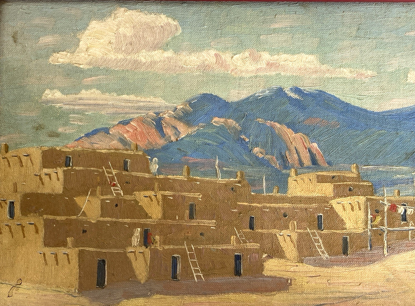 Orig Albert Looking Elk (Martinez) Oil Painting, Taos Pueblo, Framed 14″ x 10″