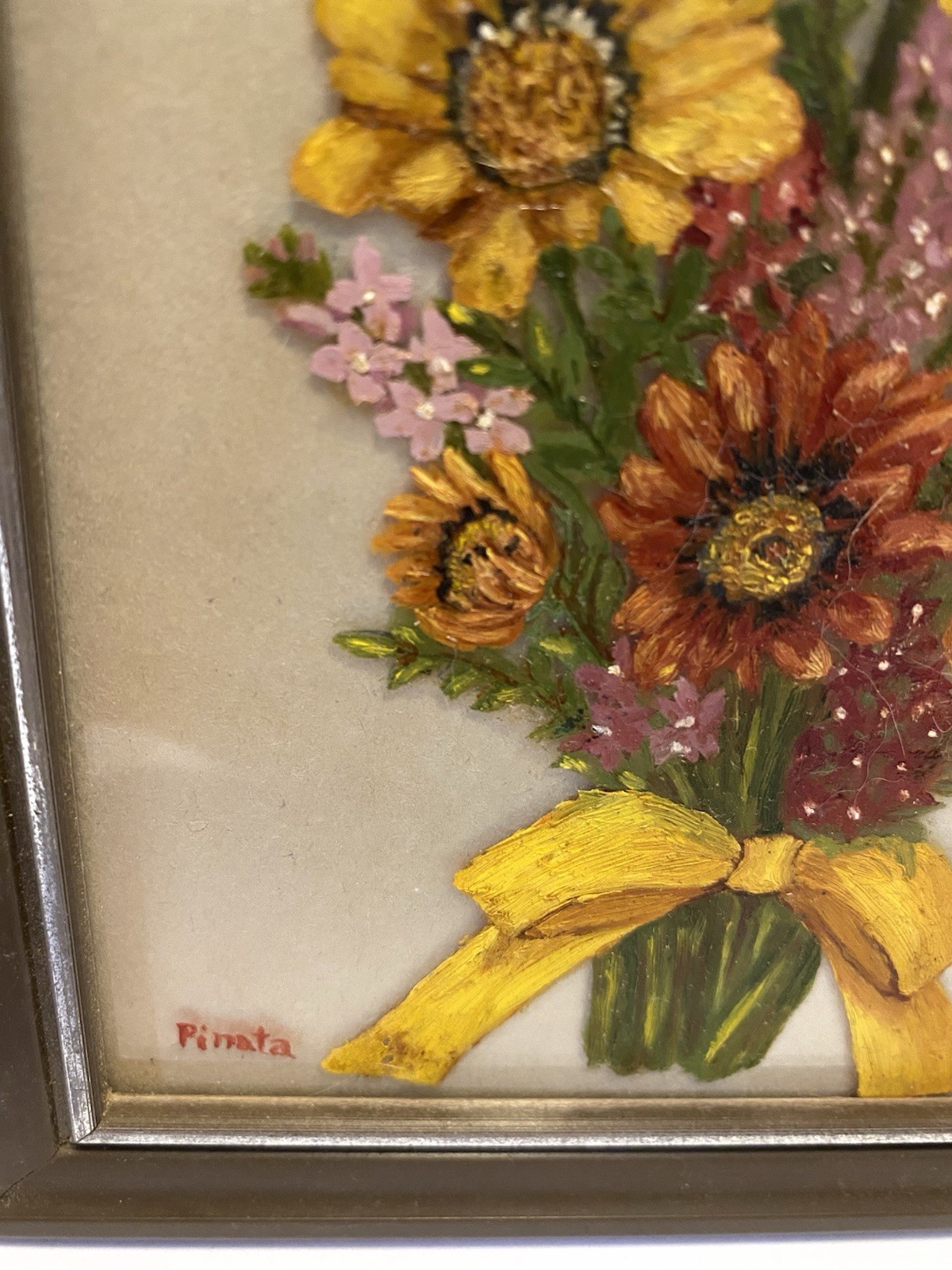 Vintage Framed Reverse Hand Painted Flowers on Glass Art with Butterfly