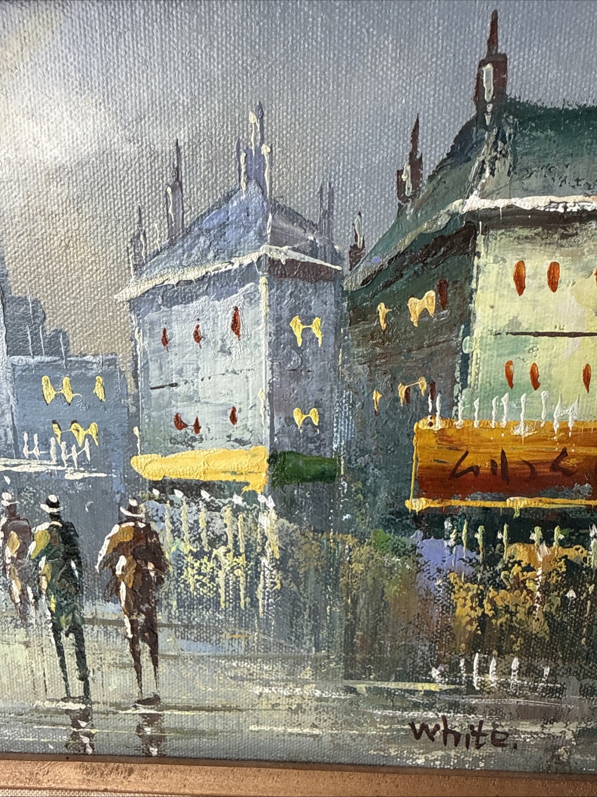 Vintage Oil Painting on Canvas Paris Street Scene Signed White Framed 17″×14″