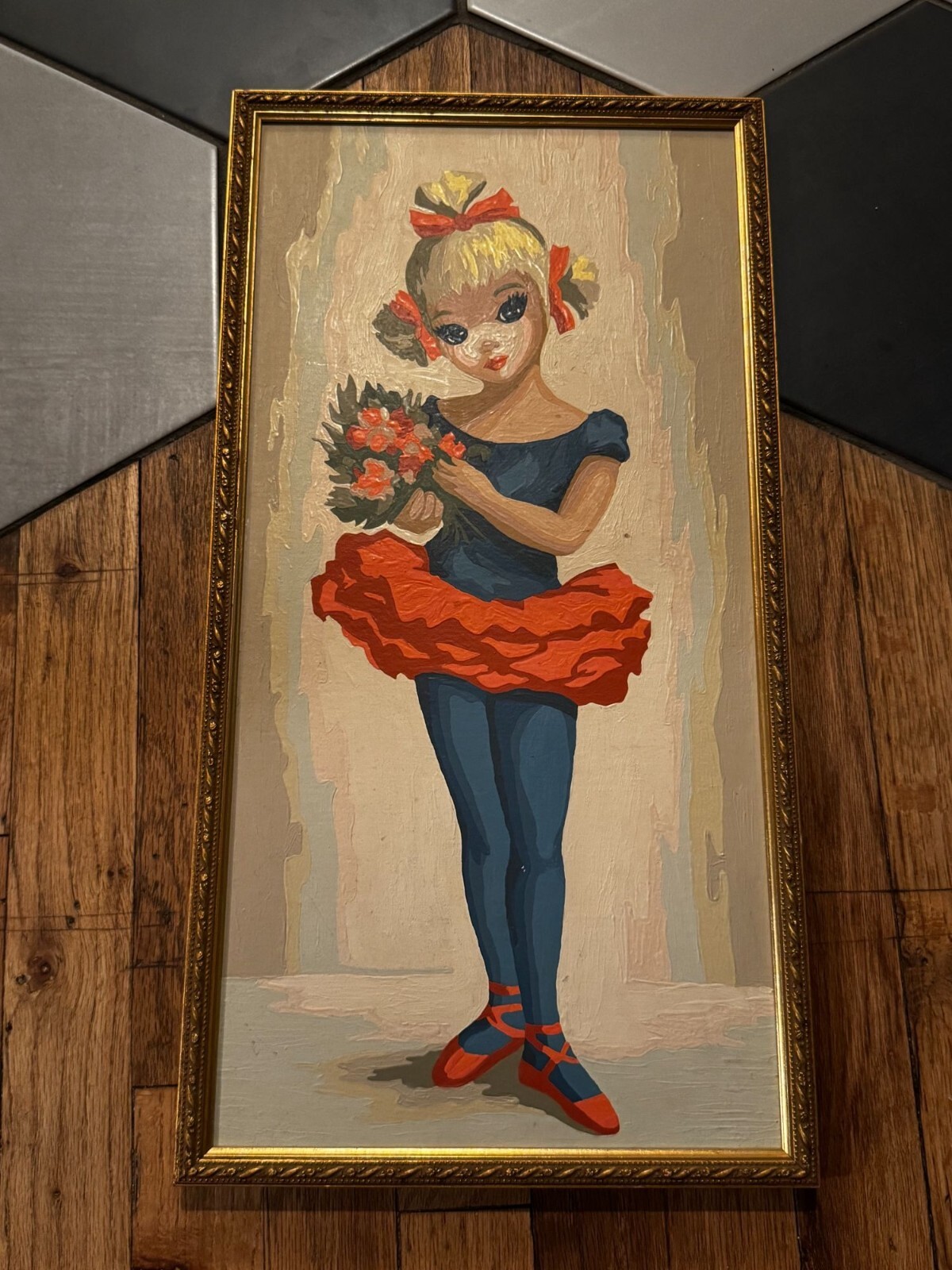VTG Framed MCM 1960s Big Eyed Ballerina Girl Oil Painting On Canvas Maio 3D Text