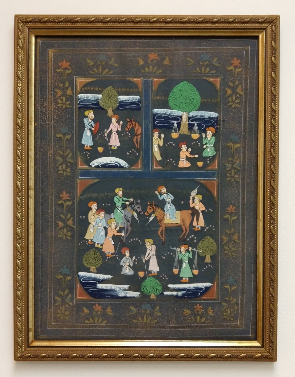 Vintage Persian Indian miniature painting on silk – Three tableaux
