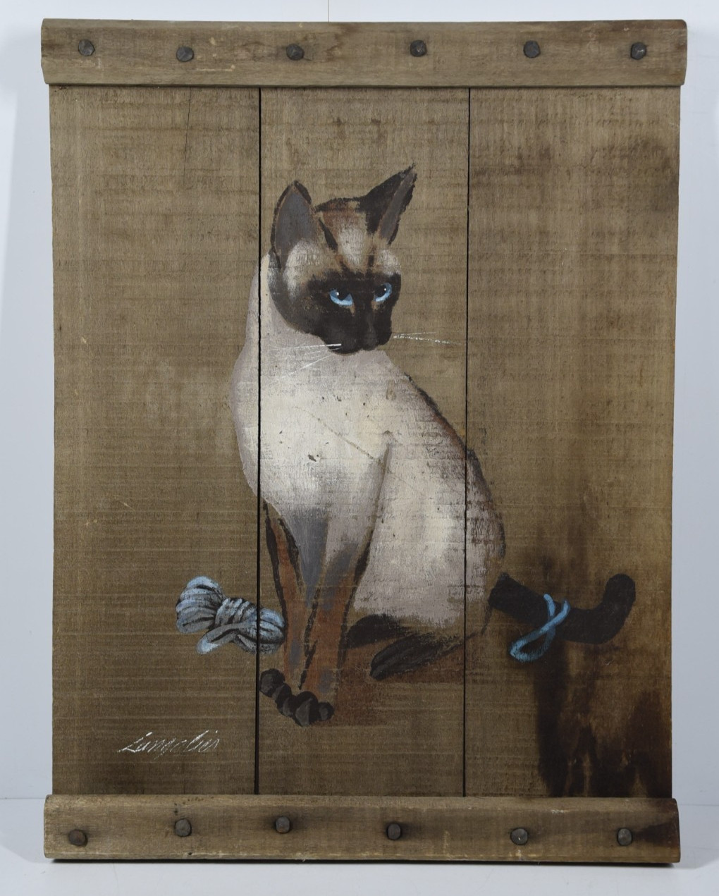 Vintage Original Siamese Cat & Yarn Art Painting Reclaimed Barn Wood Signed