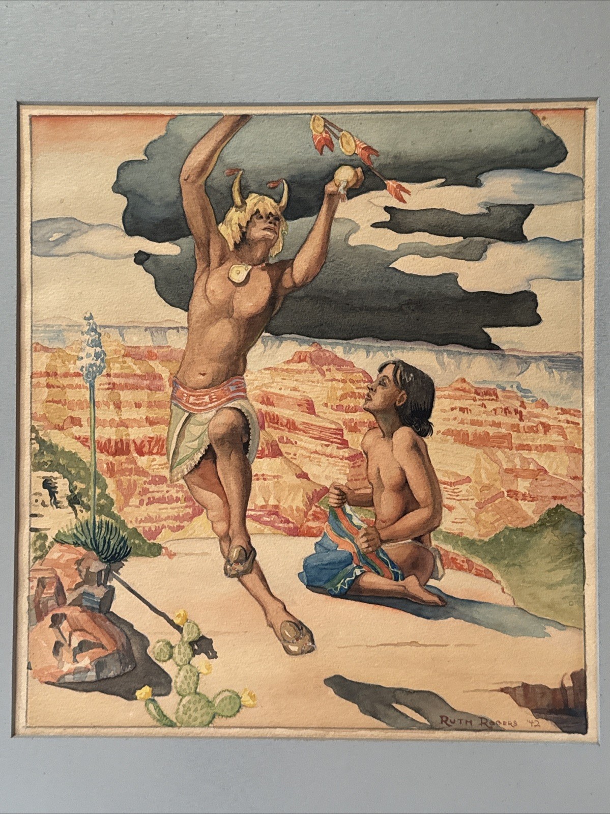 Antique Native American Painting Indian Landscape Ruth Rogers Grand Canyon Dance